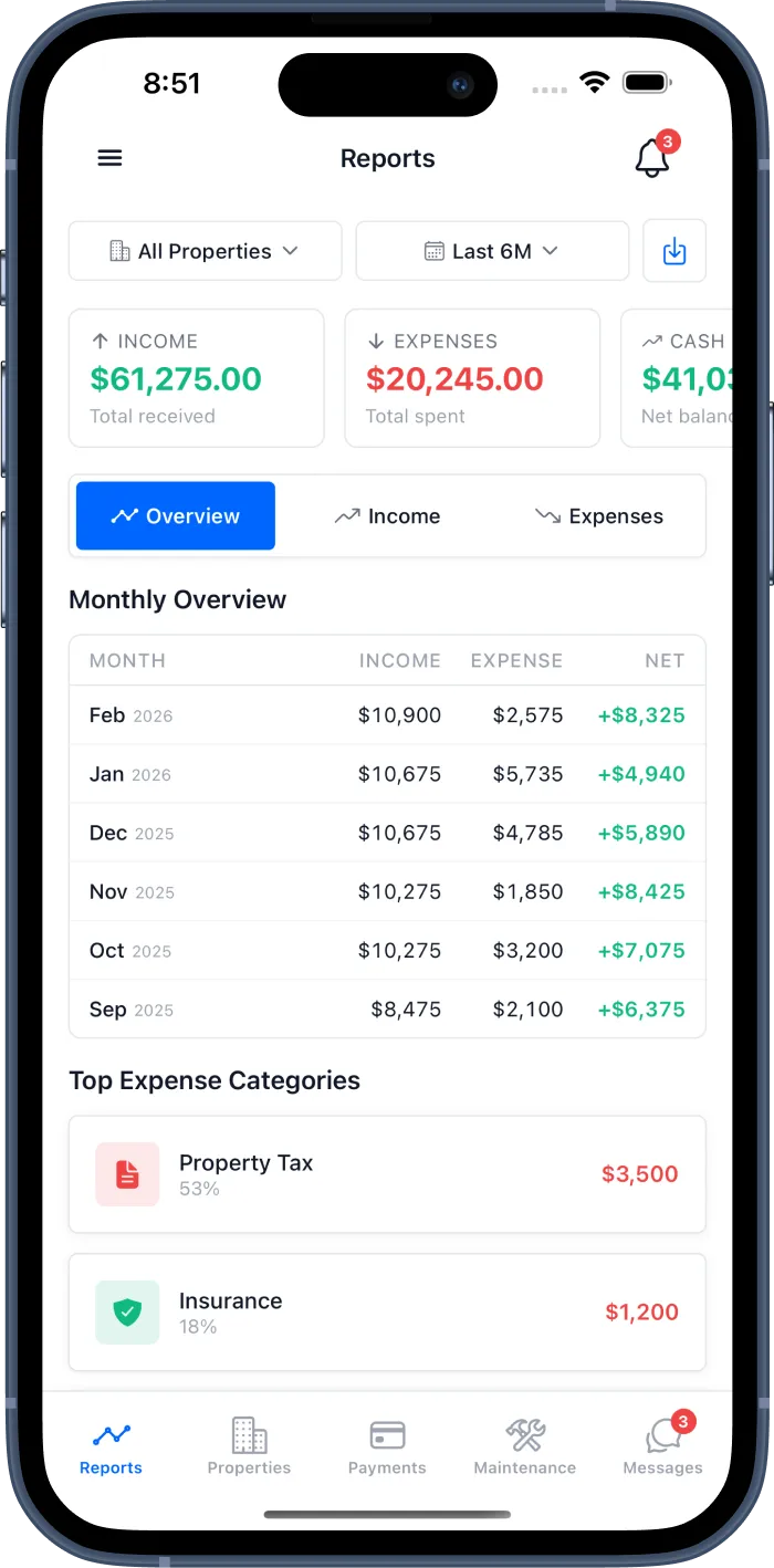 Lnked financial reports dashboard showing income, expenses, and monthly overview