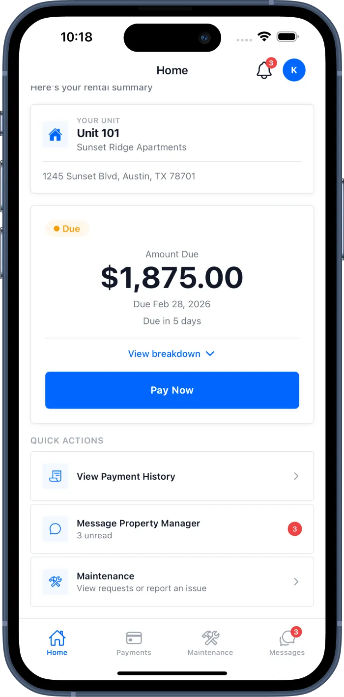 Lnked tenant home screen showing rental summary and quick actions